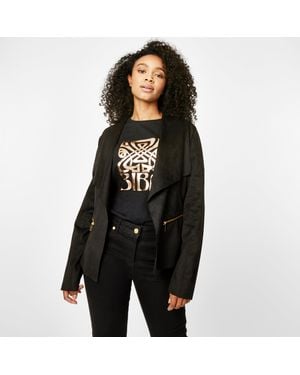 Biba Waterfall Faux Suede Long Sleeve Overcoat - Black