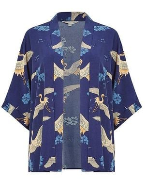 Yumi' Crane Print Weather-Resistant Overcoat - Blue