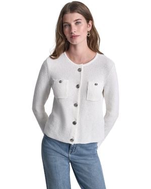 DKNY Jeans Tuck Stitch Crew Neck Cardigan W/ Regal Buttons - Grey