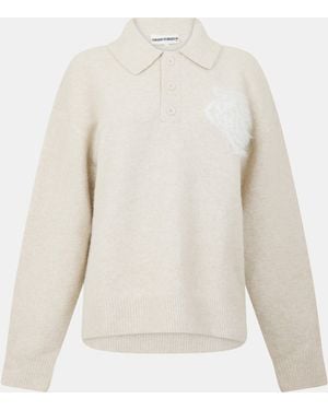 The Couture Club Fluffy Knitted Long Sleeve Polo Shirt - White
