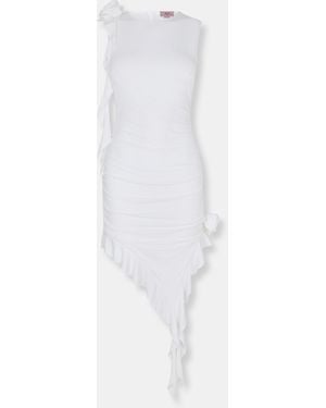 AX Paris Ruched Asymmetrical Frill Midi Dress With Flower Detail - White