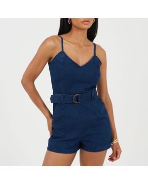 Brave Soul Denim Playsuit With Belt - Blue