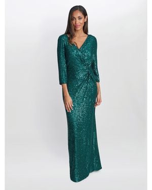 Gina Bacconi Jacynda Sequin 3/4 Sleeve Wrap Dress - Green