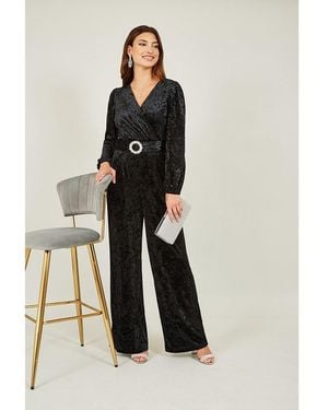 Yumi' Velvet Jumpsuit With Diamanté Belt - Black