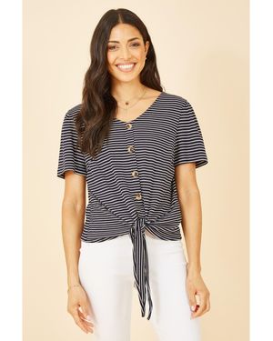 Yumi' Striped Jersey Button Detail Top - Black