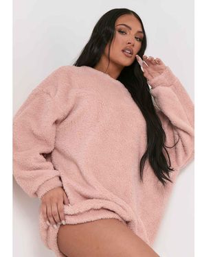 Missy Empire Fluffy Borg V Back Jumper Dress - Pink