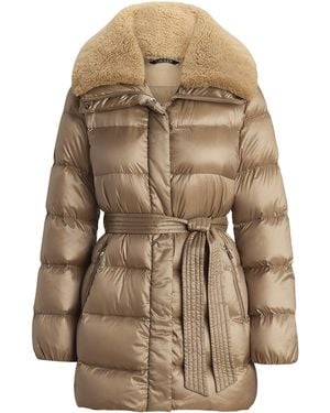 Ralph Lauren Faux Shearling Trim Belted Wind Resistant Duck Down Short Puffer Jacket - Brown