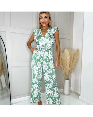 AX Paris Printed Wrap Front Frill Sleeve Belted Jumpsuit - Green
