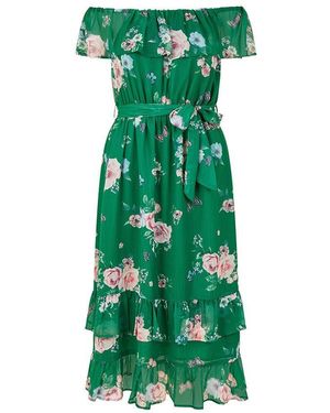 Yumi' Floral Bardot Midi Swing Dress - Green