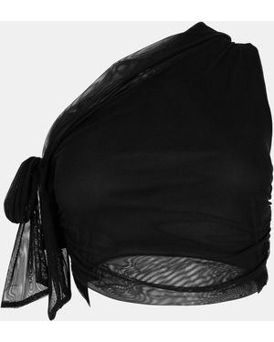 Missy Empire One Shoulder Tie Detail Mesh Crop Top - Black