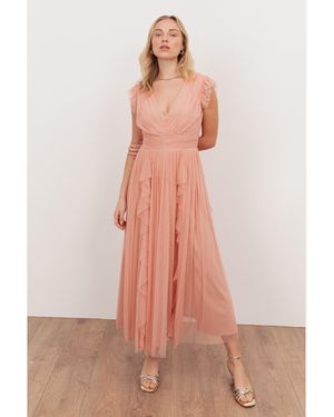 Anaya with love Recycled V Neck Midaxi Dress With Waterfall Ruffle Detail - Pink