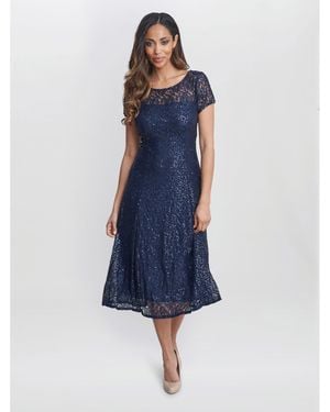 Gina Bacconi Genny Cap Sleeve Midi Sequin Lace Dress - Blue