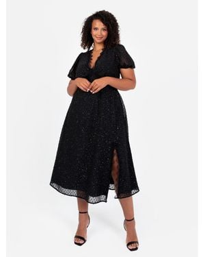 Lovedrobe Sparkly Glitter V Neck Midi Dress With Lace Trims - Black