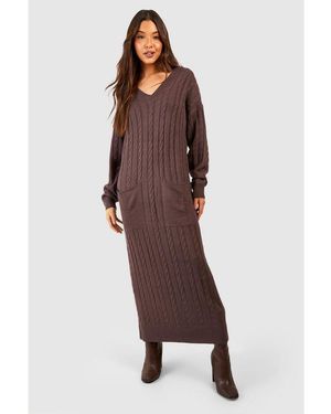 VIOLET ROMANCE V-Neck Midi Knitted Jumper Dress - Brown