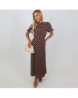 AX Paris Polka Dot Print Puff Sleeve Midi Dress - Brown
