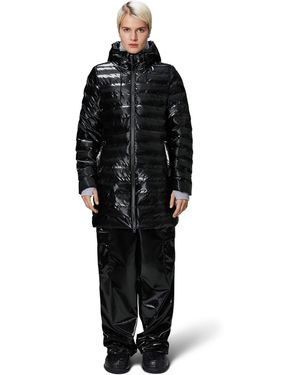 Rains Lohja Curve Hooded Funnel Neck Long Sleeve Long Puffer Jacket - Black