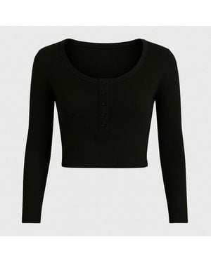 I Saw It First Rib Button Long Sleeve Top - Black