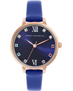 French Connection Accessories Rose Case Round Shape Strap Quartz Watch - Blue