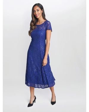 Gina Bacconi Demi Cap Sleeve Midi Sequin Lace Dress - Blue