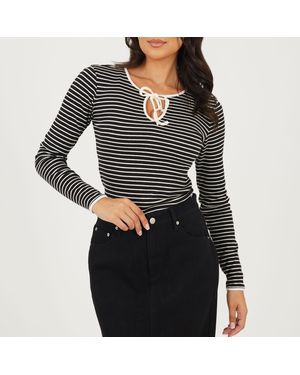 Brave Soul Ribbed Long Sleeve Striped Top With Tie Detail - Black