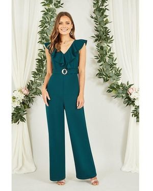 Mela London Jumpsuit With Buckle & Frill Detail - Green
