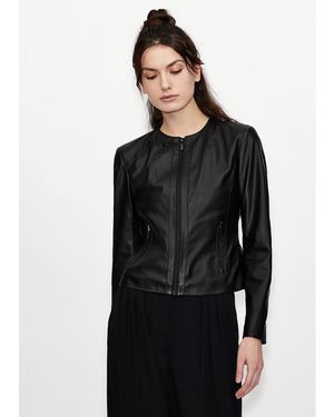 ARMANI EXCHANGE Faux Leather Long Sleeve Leather Jacket - Black