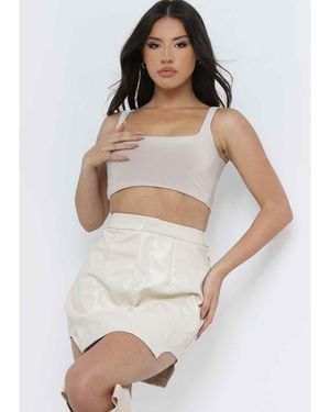 Missy Empire Faux Leather Curved Hem Cut-Out Mini Skirt - Natural