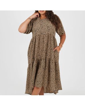 Brave Soul Plus Size Short Sleeve Animal Print Midi Dress With Tiered Hem - Brown