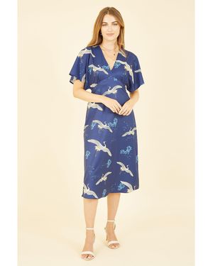 Yumi' Crane Print Kimono Midi Dress - Blue