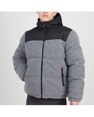 Brave Soul Borg Puffer Jacket With Contrast Fabric Upper & Hood - Grey