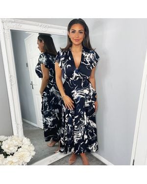 AX Paris Marble Print Short Sleeve Ruffle Midi Dress - Blue