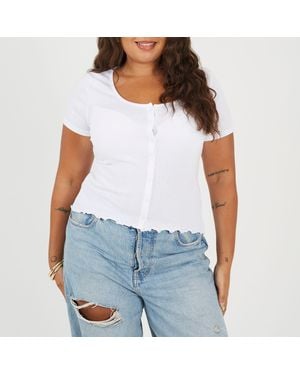 Brave Soul Plus Size Button Through Short Sleeve Top With Lettuce Hem - White