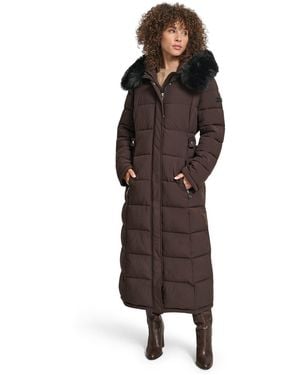 DKNY Longline Long Puffer Jacket - Brown