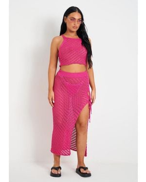 Missy Empire Crochet Knit Beach Crop Top And Midi Skirt Set - Pink