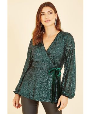 Yumi' Sequin Wrap Top With Velvet Tie - Green