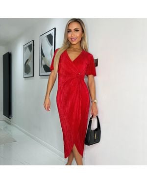 AX Paris Short Sleeve Plisse Wrap Midi Dress - Red