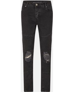 Brave Soul Wash Biker Jeans With Stitch Detail - Black