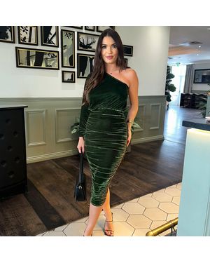 AX Paris Velvet One Sleeve Ruched Midi Dress - Green