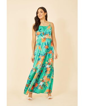 Yumi' Satin Floral Strappy Maxi Dress - Green