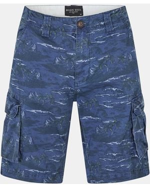 Brave Soul Cotton Shorts With All Over Palm Tree Print - Blue