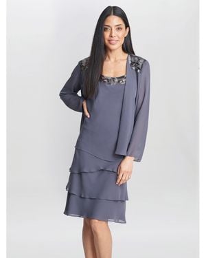 Gina Bacconi Leigh Embellished Tiered Jacket Dress - Blue