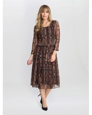 Gina Bacconi Anya Snake Print Long Sleeve Mesh Dress - Brown