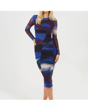 Brave Soul Long Sleeve Mesh Slinky Dress - Blue