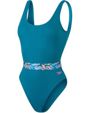 Speedo Belted Deep U-Back One Piece Swimsuit - Blue
