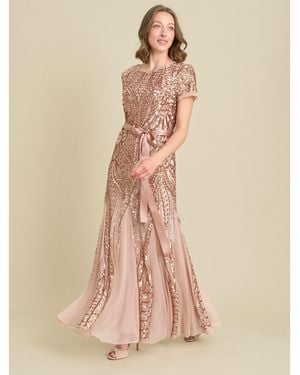 Gina Bacconi Monique Embroidered Sequin Godet Dress - Brown