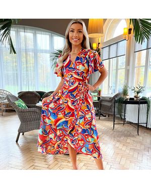 AX Paris Printed Butterfly Sleeve Wrap Midi Dress - Blue
