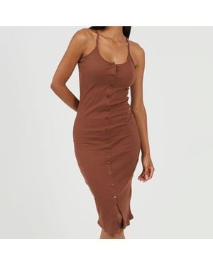 Brave Soul Heavy Rib Bodycon Dress With Button Front - Brown