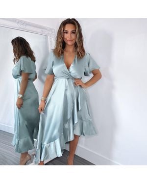 AX Paris Satin Frill Hem Short Sleeve Midi Dress - Blue