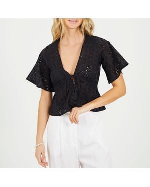 Brave Soul Bs Broderie Anglaise Short Sleeve Shirt With Front Tie Detail - Black