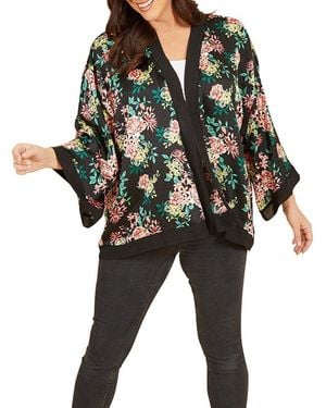 Yumi' Floral Satin Kimono - Black